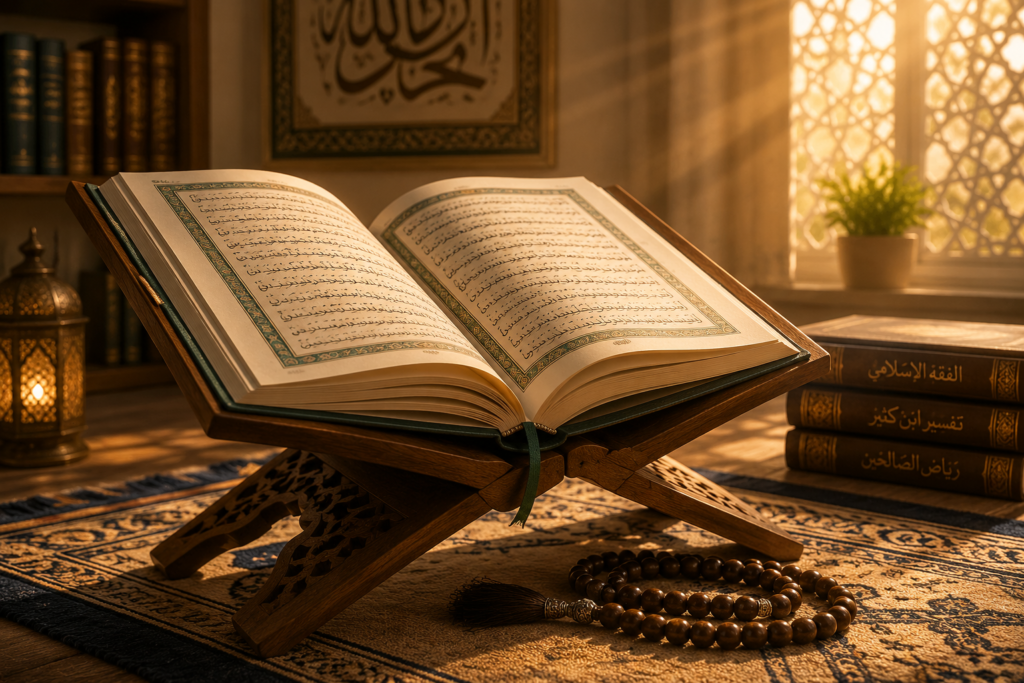 HOME 10 An open Holy Quran on a wooden stand representing the rules and beauty of Tajweed recitation. And the Question is What Is Tajweed