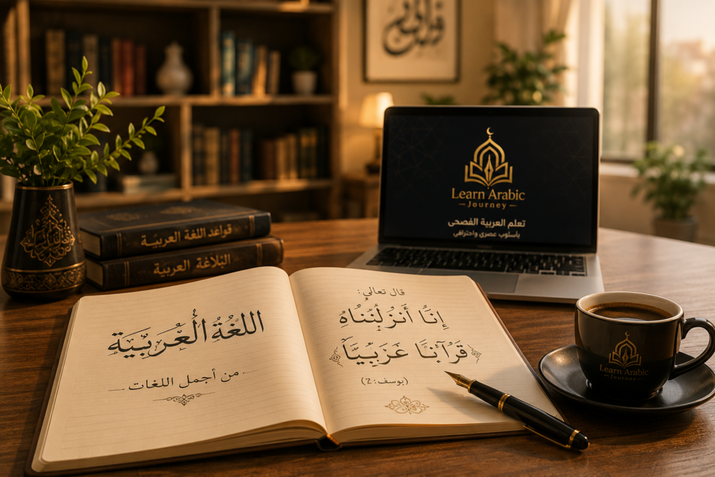 Master the Arabic Language (Fusha) 1 Open Arabic book and a laptop displaying Learn Arabic Journey platform to learn Arabic Fusha online