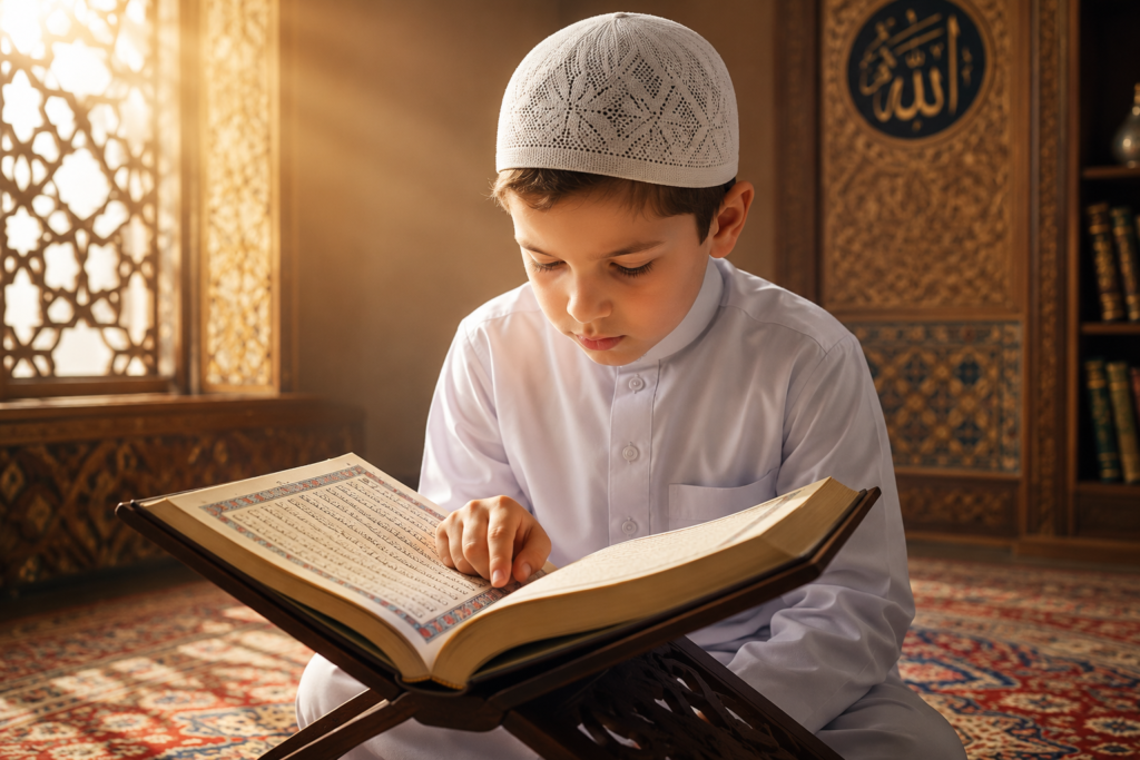 Young student reading the Holy Quran during an online Quran learning journey with Learn Arabic Journey Academy.
