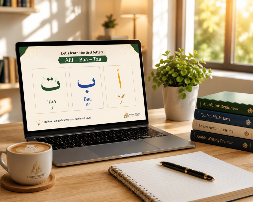 A laptop displaying the Arabic alphabet Alif Baa Taa on a study desk for our Online Arabic Course for Beginners