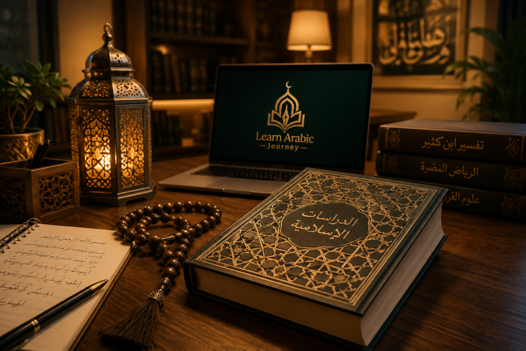 Islamic book, lantern, and a laptop displaying our premium Online Islamic Studies Course