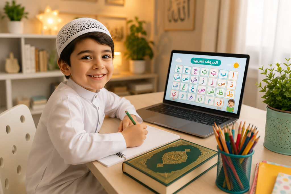Interactive Online Quran & Arabic Classes for Kids 1 A happy Muslim boy learning the Arabic alphabet on a laptop during our interactive online Quran classes for kids
