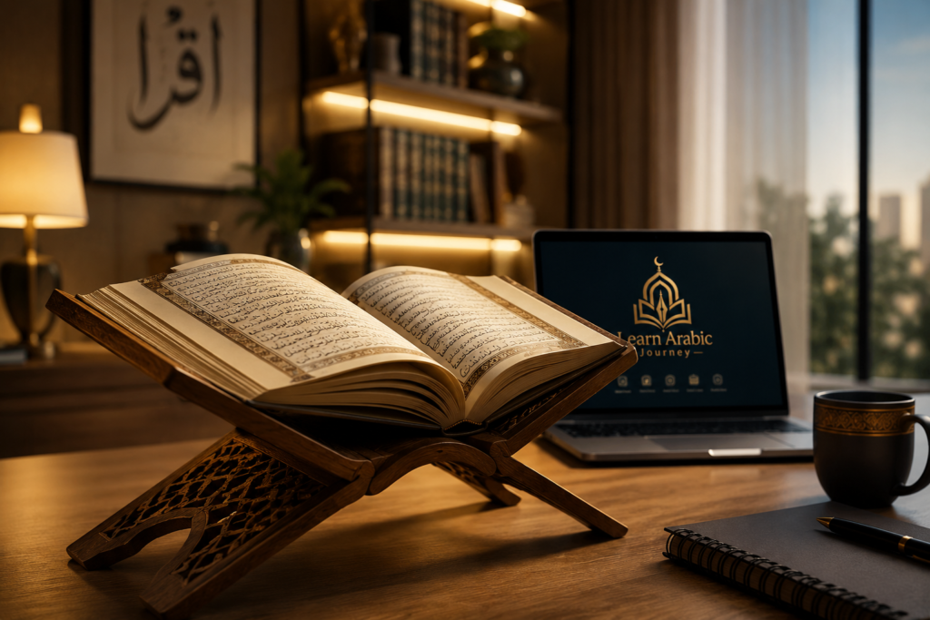 Open Quran on a wooden stand next to a laptop displaying Learn Arabic Journey for online Quran recitation and Tajweed course
